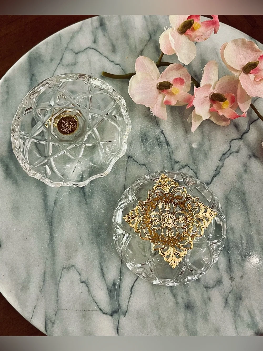 VTG Killarney Crystal Ireland Trinket Dish 22K Gold Claddagh Lid & Filigree Base